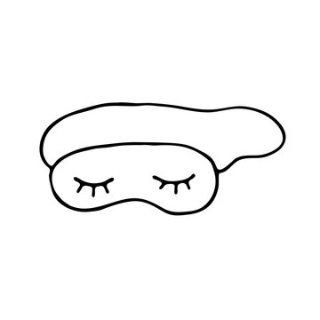 A hand-drawn fashionable illustration of a sleeping mask with closed eyes. Doodle style. Vector image with a black outline on a white background