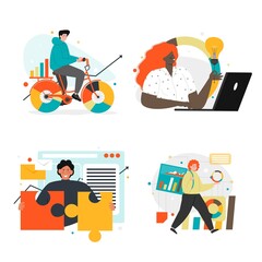 People marketing activities set, vector illustration. Marketing campaign, management, research, business analysis.