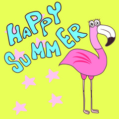Vector children's design ,for a postcard banner sticker.Flamingo summer