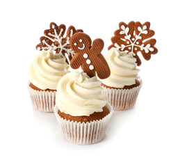 Tasty cupcakes with gingerbread cookies on white background