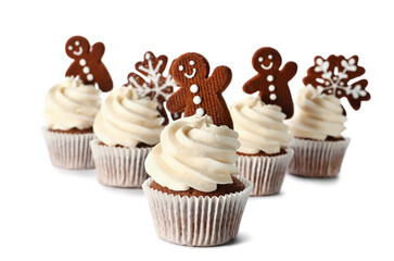 Tasty cupcakes with gingerbread cookies on white background
