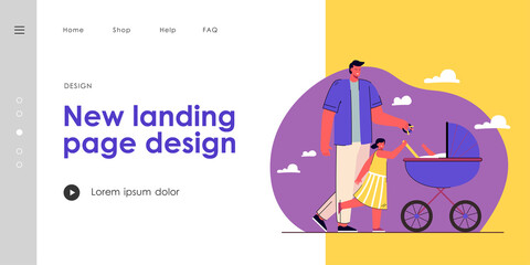 Father walking with his children. Flat vector illustration. Cartoon man with daughter and carriage with little baby inside spending time outdoors. Family, fatherhood, nature concept for banner design
