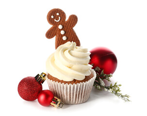 Tasty cupcake with gingerbread cookie and Christmas decor on white background