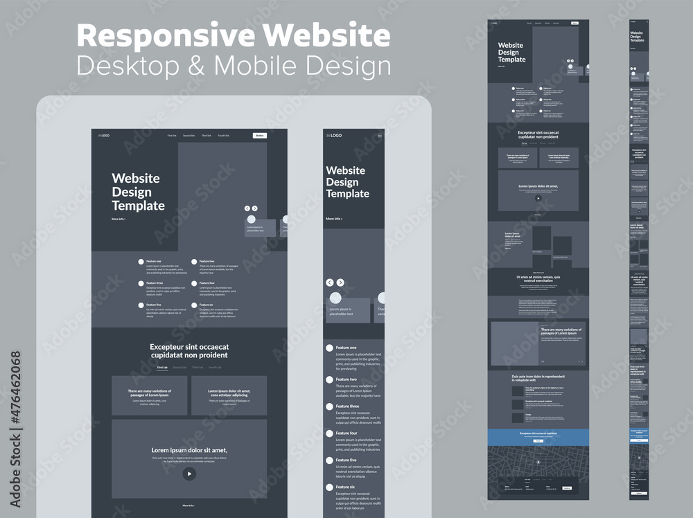 Poster website design. responsive desktop and mobile wireframe. landing page template.