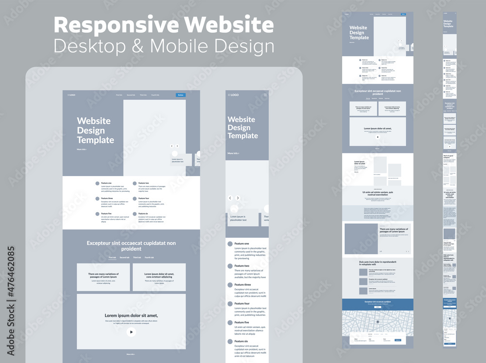 Poster website design. responsive desktop and mobile wireframe. landing page template.