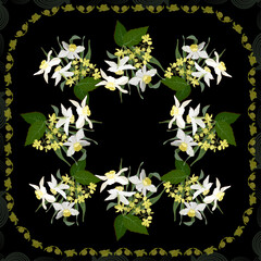 Obraz na płótnie Canvas Vector floral pattern, bouquet of daffodils flowers, yellow small inflorescences on a dark background. Background for the design of scarf, hijab, napkins