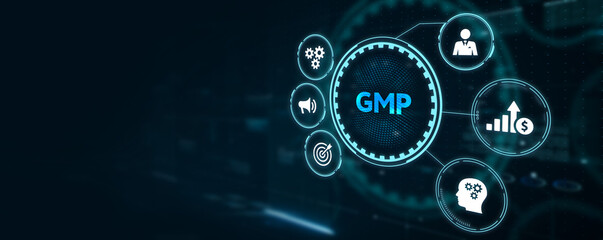 Good manufacturing practice certification quality control on virtual screen. GMP. 3d illustration