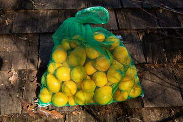 yellow citrus in green mesh bag