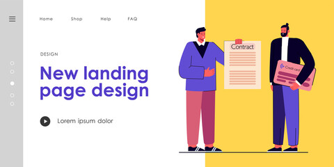 Man signing contract for credit card. Male character receiving credit card. Signing documents. Account holder. Finance concept for banner, website design or landing page
