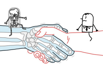 Cartoon Man and Skeleton Meeting on a big Handshake