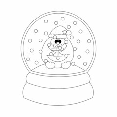 Naklejka premium Christmas snowball with Penguin and gift box. Draw illustration in black and white