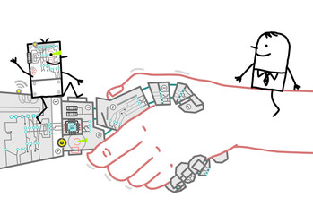 Cartoon Businessman and Robot Meeting on a big Handshake
