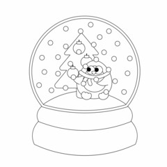 Christmas snowball with Penguin and Christmas tree. Draw illustration in black and white