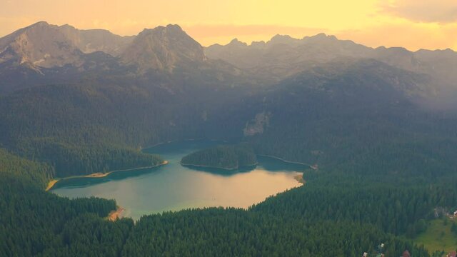Aerial view on Black Lake on sunset time with in the Durmitor National Park in Zabljak, Montenegro.