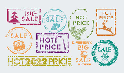 Obraz premium Christmas SALE stamp set, NEW YEAR symbols, vector design.
