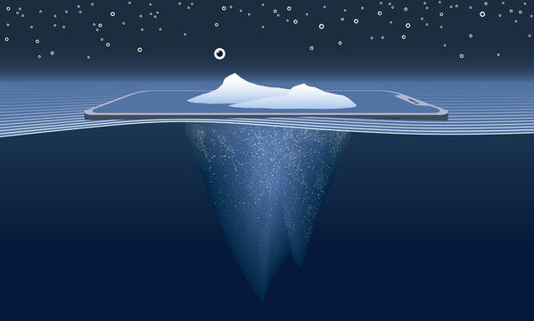 Icebergs, eyeballs, and smart phone, illustrating idea of big data and audiences on mobile devices