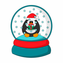 Christmas snowball with Penguin and gift box. Draw illustration in color