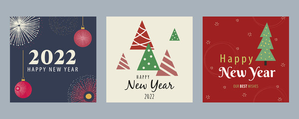 Happy New Year greetings in square background. Colorful and flat style postcards or banners with Christmas balls, fireworks, xmas tree and more winter decor. Lettering with Our best wishes and 2022. 