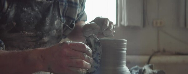 Elderly potter using rib for shaping clay vase on spinning wheel while working in studio