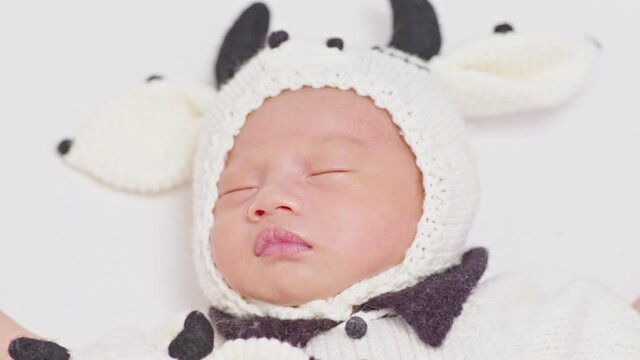 happy newborn baby wearing cute cow costume lying sleep on white background comfortable and safety.Cute Asian infant sleeping and napping on baby bed
