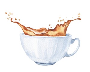 Coffee splash in a cup on white background. Watercolor drink illustration.