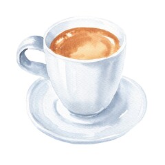 Espresso cup of coffee on white background. Watercolor food illustration.