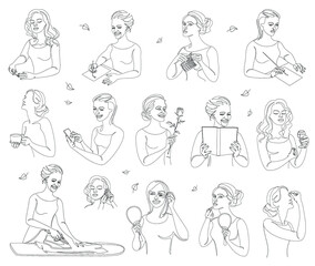 Collection. The life of a woman. Silhouettes of a lady with a cup, pen, knitting, phone, book in modern one line style. Solid line, outline for posters, stickers, logo. Set of vector illustrations.
