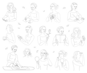 Collection. The life of a woman. Silhouettes of a lady with a cup, pen, knitting, phone, book in modern one line style. Solid line, outline for posters, stickers, logo. Set of vector illustrations.