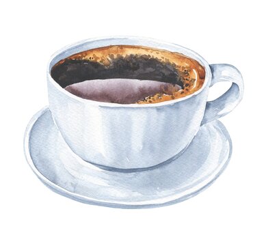 Watercolor cup of coffee, Americano on white background. Watercolour drink illustration.