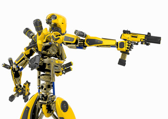 super robot is holding two pistols rear view