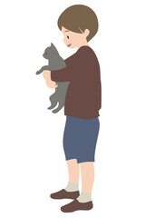 イラスト素材：猫を抱える男の子