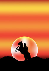 Girl on horseback against the background of a colorful sunset