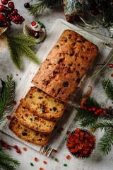 Homemade Xmas fruit cake or Indian tutti frutti bread on Christmas holiday background, selective focus