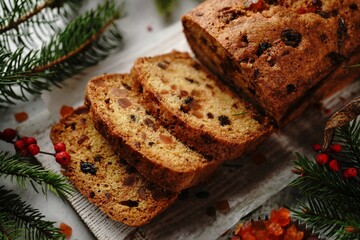 Fototapeta na wymiar Homemade Xmas fruit cake or Indian tutti frutti bread on Christmas holiday background, selective focus