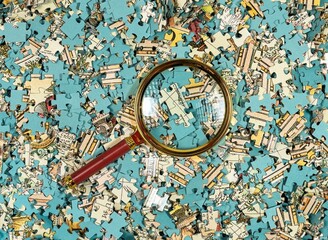 Puzzle mess and chaos through magnifying lens. Missing jigsaw piece among scattered parts. overflow of information concept. - obrazy, fototapety, plakaty