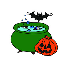 Vector children's design for backgrounds and fabrics, postcards.Halloween ,pumpkin, Ghost,skull,broom,bat,voodoo dolls,bowler,witch hat