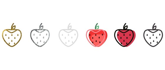 Strawberry. Icon of a berry. Contour symbol of the product in different colors. Gold, silver, white, gray, black, colored silhouette. Six examples. Graphics. Vector. For web design.