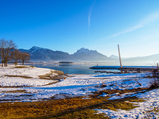 Winter landscape with mountains and a lake
