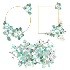 New Year's bouquet with eucalyptus,cotton boxes and white berries, frames with a snow berry on a white background,watercolor drawing. Frames for label design and design