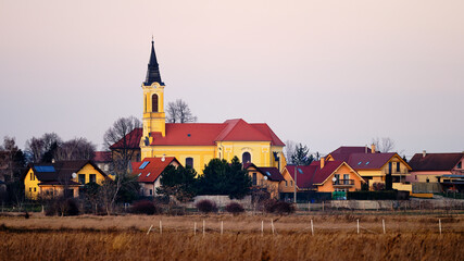 Velky Biel village landscape in Slovakia with field, houses and church - obrazy, fototapety, plakaty