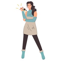 The happy girl received the keys to an apartment or a car. The female character stands firmly on her feet, rejoices. Modern young woman is showing the keys to a new house or car. Isolated flat vector.