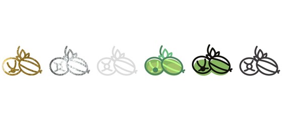 Gooseberry. Berry icon. Contour symbol of the product in different colors. Gold, silver, white, gray, black, colored silhouette. Six examples. Graphics. Vector. For web design.