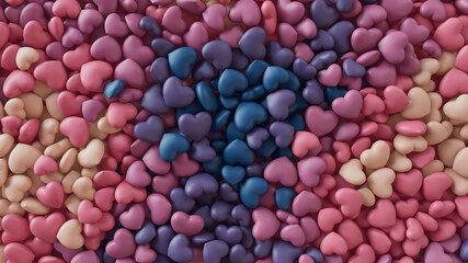 Multicolored Heart background. Valentine Wallpaper with Pink, Cream and Purple love hearts. 3D Render 