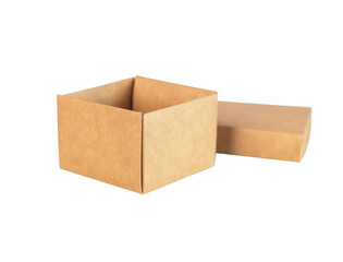 Cardboard box isolated on white. Empty craft carton gift container with cover.