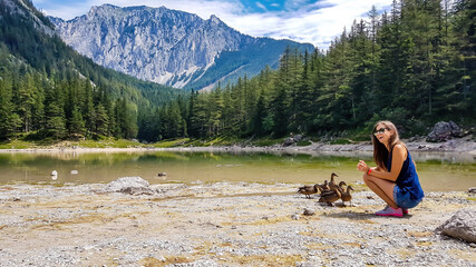 A woman in shorts feeding a flock of wild ducks at the shore of Green Lake in an Alpine valley in Austria. Spring in the valley. The ducks curiously discover the area. High mountain range in the back