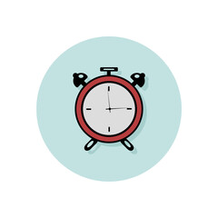 vector illustration of flat alarm clock, red clock. Clock icon, timer. Alarm clock logo in blue circle. time concept. Minimalistic hour, clock symbol