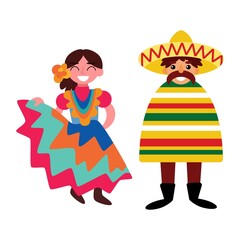 Couple of Mexican dancers white isolated vector illustration. Happy woman in traditional dress and flower in her hair and man in poncho with sombrero. Cute Hispanic cartoon characters man and woman