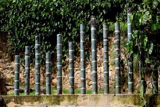 Bamboo fence made with pvc pipes on cement in green garden.Graphic resource.Pattern