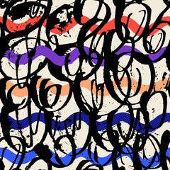 Vector seamless scribble pattern, made of chaotic lines. Black and white colors surface design with neon waves.