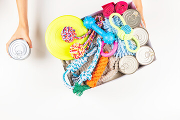 Animal shelter donation. Volunteer preparing animal donation box for animal shelters. Top view